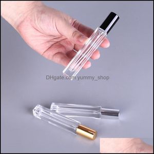 Verpakkingsflessen 10 ml vierkante mini Clear Glass Essentiële olie per fles Spray Atomizer Portable Travel Cosmetic Container Drop Lever otins