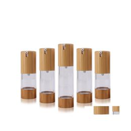 Bouteilles d'emballage 15 ml / 30 ml / 50 ml clair transparent lotion sous vide en plastique bambou cosmétique bouteille sans air Emsion presse pompe conteneur Dr Dhdah