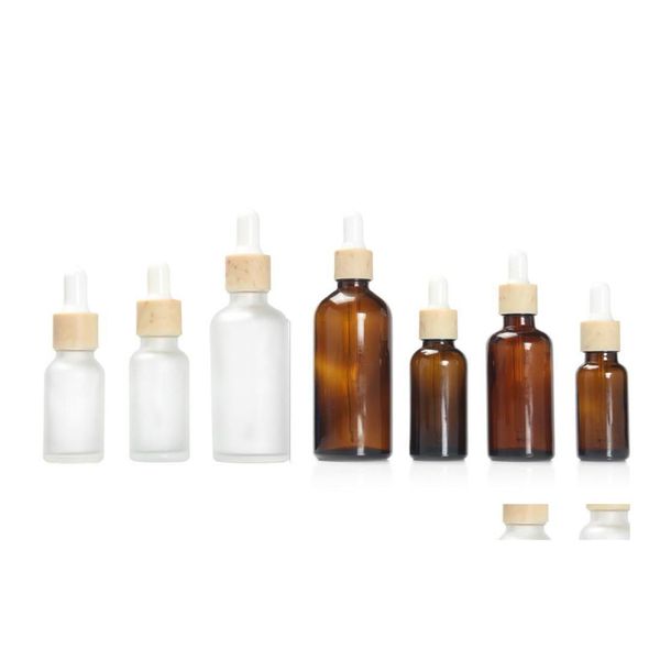 Botellas de embalaje 15 ml 30 ml 50 ml Botella cuentagotas de vidrio blanco ámbar esmerilado con tapa de grano de madera de plástico 1 oz Gota de aceite esencial de bambú de Dhmgu