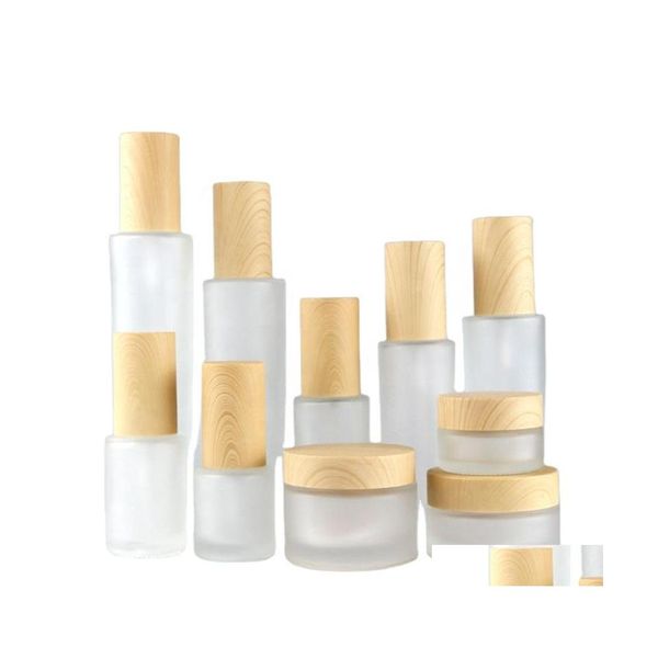 Bouteilles d'emballage 20G 30G 50G Couvercle en bois imité Bouteille en verre dépoli Pots de crème Vide Pot cosmétique Lotion Pompe de pulvérisation Conteneur 30 ml 40 Dhsge