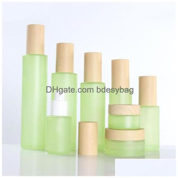 Bouteilles D'emballage 20Ml 30Ml 40Ml 60Ml 80Ml 100Ml 120Ml Pot De Crème En Verre Dépoli Vert Brumisateur Lotion Pompe Bouteille Avec Couvercles En Bois Ca Dh2Hc