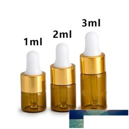 Verpakkingsflessen 20 stks 1/2/3 ml Amber Glass Essentiële olie Aromatherapie Druppelaar Goud Aluminium Cap Reagens druppel Eye vloeistof Pipet Bott Dhqey