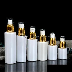 Verpakkingsflessen 30 ml 50 ml 80 ml witte glazen pompfles Essentiële olie per atomizer spray met gouden dop kraag heldere er druppel afgifte otoog