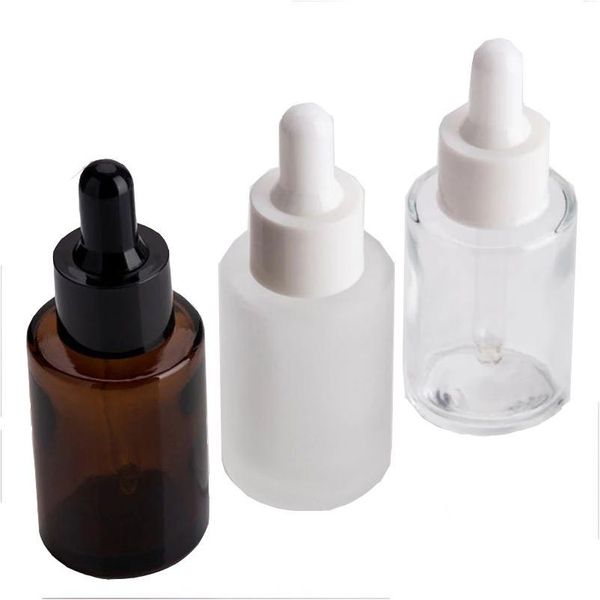 Bouteilles d'emballage Bouteille en verre de 30 ml Plat Shoder Givré / Transparent / Ambre Rond Huile Essentielle Sérum Compte-gouttes Portable Vide Cosmétique Dr Dheyx