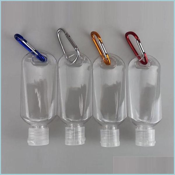 Bouteilles d'emballage Bouteille rechargeable d'alcool vide de 50 ml avec crochet de porte-clés Désinfectant pour les mains en plastique transparent Voyage en plein air DHS Drop Deliver DHFDW