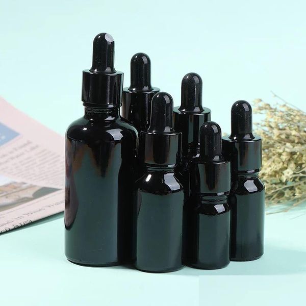 Botellas de embalaje 5Ml-50Ml Reactivo Frasco gotero para ojos Vidrio negro Aromaterapia Líquido Pipeta Aceite esencial Recargable Entrega de gota Dh3Dr
