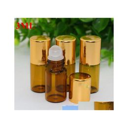 Bouteilles d'emballage vides rouleau en verre ambre L rechargeable pour parfum huile essentielle métal chromé rouleau bouchon d'or bureau de livraison ot7Iy