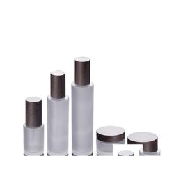 Verpakkingsflessen Frosted Glass Cosmetische pottenpomp met plastic houtzakenkap 30 g 50 g 30 ml 100 ml 120 ml Body Lotion Lip Balm Cream Cont Dhief