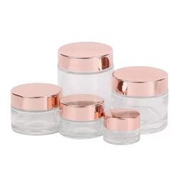 Verpakkingsflessen Frosted glazen crème Jar Clear Cosmetic Bottle Lotion lippenbalsem container met roségouden deksel 5 g 10 g 30 g 50 g 100 g druppel Dh4OC