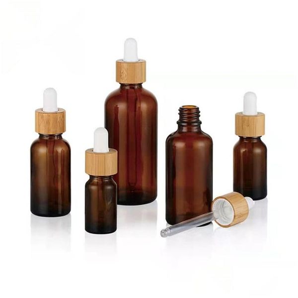 Bouteilles d'emballage Flacon compte-gouttes en verre dépoli huile essentielle avec couvercles pour les yeux et le bambou par flacons d'échantillon Essence liquide cosmétique goutte de Dhgdq