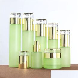 Bouteilles d'emballage Bouteille en verre vert givré Lotion de pulvérisation Pots de crème Conteneurs cosmétiques vides 20Ml 30Ml 40Ml 60Ml 80Ml 100Ml 120Ml avec Dhqd9