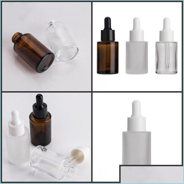 Bouteilles d'emballage Bouteille en verre Plat Shoder Givré / Transparent / Ambre Sérum d'huile essentielle ronde avec compte-gouttes Essence cosmétique 172 S2 Dr Dhxod