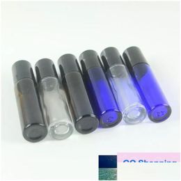 Bouteilles d'emballage en gros 10 ml1 / 3oz Amber transparent et bleu en verre épais sur huile essentielle à rouleau de parfum vide avec Dro DROI9 en acier inoxydable