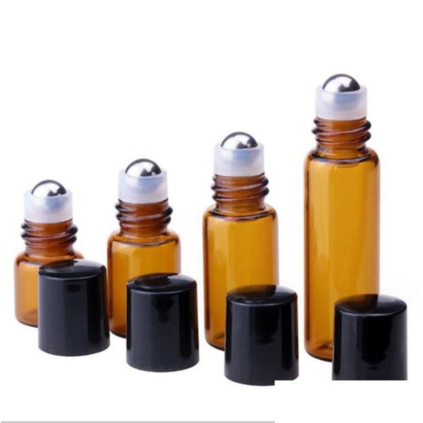 Botellas de embalaje al por mayor 1 ml 2 ml L 5 ml 10 ml Rollo de vidrio ámbar en botella Aceite esencial vacío por tubo Rollon Bola de rodillo de metal Oro L Dhzwn