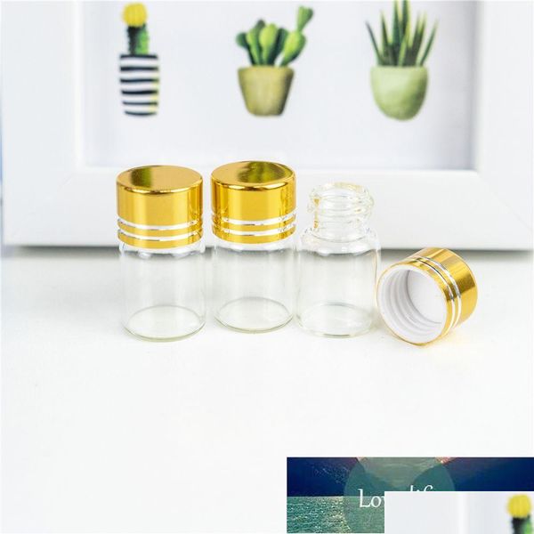 Botellas de embalaje al por mayor 2 ml contenedor de vidrio hialino tienen tapa de plástico en espiral con tangente de oro simple lindo artesanía vial reutilizable Mt Dhhwo