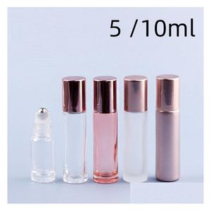 Bouteilles d'emballage en gros 5 10 ml mini rouleau sur bouteille de parfum en verre rose or essentiel boule de métal en acier par conteneur Drop Dh4Us