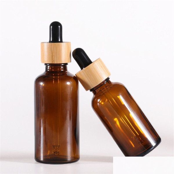 Bouteilles d'emballage en gros flacon compte-gouttes en verre ambré avec couvercles en bambou huiles essentielles flacons d'échantillon pour par liquides cosmétiques 15 ml 20 ml Otkex