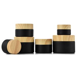 Bouteilles d'emballage en gros pots de bouteilles en verre dépoli noir cosmétique avec couvercles en plastique à grain de bois revêtement PP 5G 10G 15G 20G 30G 50G Lip D Dhekz