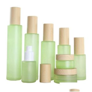 Flessen verpakken Groothandel matgroene glazen fles Zalfpotje Fijne mist Spray Lotionpomp Hervulbare cosmetische containerpotten 20 ml 3 Otauo