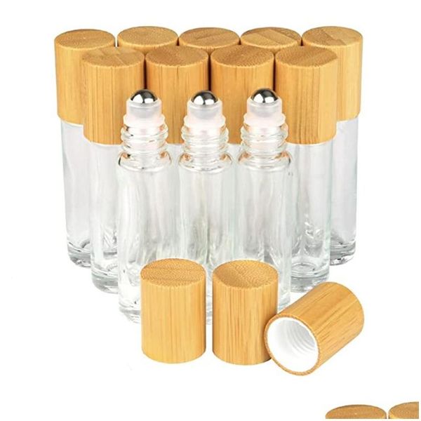 Bouteilles d'emballage Rouleau d'huile essentielle en verre avec des boules à rouleaux en acier inoxydable et un couvercle de bambou rechargeable transparent par échantillon bot dhc4j
