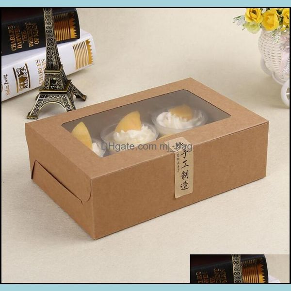 Cajas de embalaje Oficina Escuela Negocio Industrial Kraft Tarjeta Papel Cupcake Box 6 Cup Cake Holders Muffin Postre Paquete portátil Six Tray G