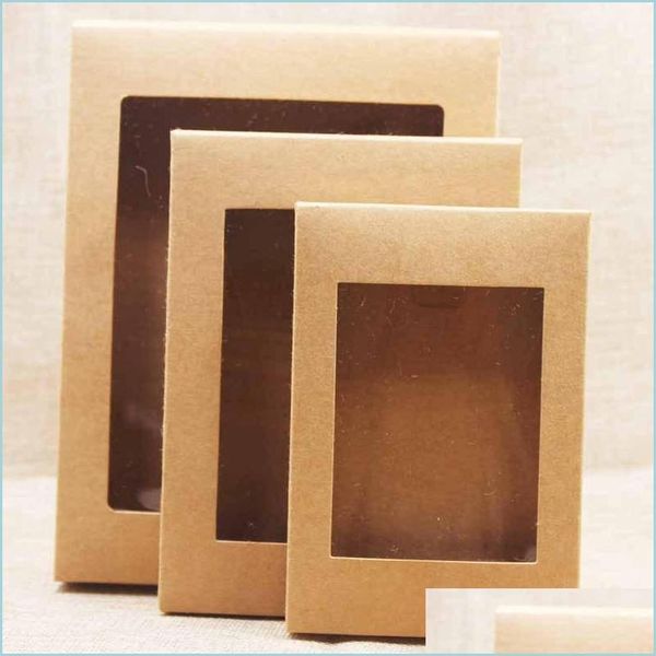 Cajas de embalaje Caja de papel Kraft blanco y negro con ventana Regalo Pastel Embalaje Favores de cumpleaños Contenedor Pvc Windows Drop Deliver Dhodw