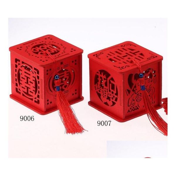 Boîtes d'emballage en gros de 100pcs / lot bois chinois double bonheur mariage faveur Candy box rouge