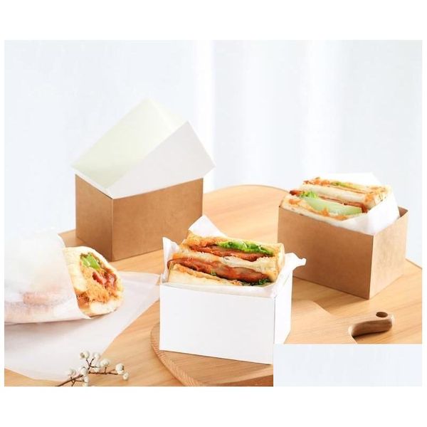 Embalaje de cajas al por mayor Kraft Paper Sandwiches Wrap Box Guente Huevo Tostado Desayuno Desayuno Hamburguesa Bandeja Teare Dh948 Drop Deliv Dhuxz