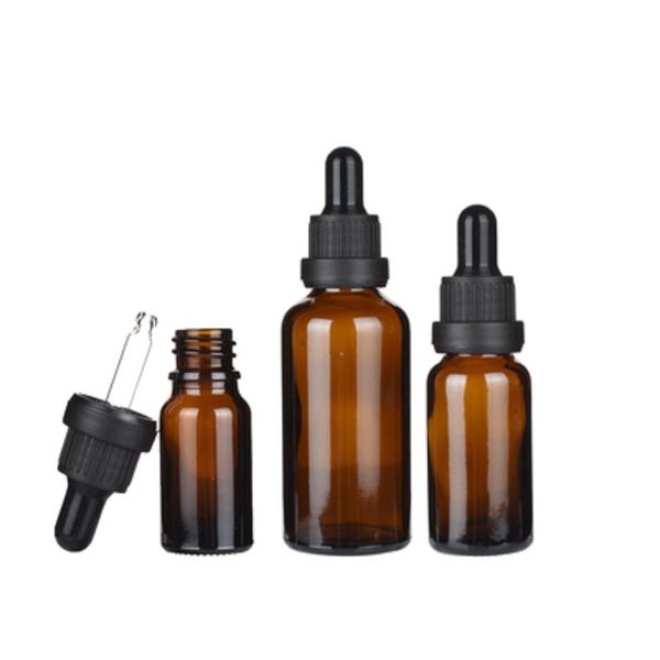 Emballage Bouteille en verre brun Épaule ronde Grand collier de tête Colle flexible noire Flacons compte-gouttes d'huile Récipient cosmétique rechargeable 5 ml 10 ml 15 ml 20 ml 30 ml 50 ml 100 ml