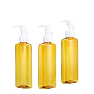 Emballage Bouteille en plastique jaune transparent Pompe de presse à lotion blanche Apportez une boucle de carte Bouteille ronde plate Vide rechargeable Cosmétique Emballage portable Conteneur 200 ml