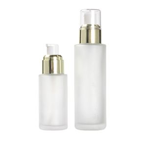 Verpakking Glass Frosted fles Flast Schouder Shiny Gold kraag Witte Pomp Lege draagbare hervulbare cosmetische container 20 ml 30 ml 40 ml 80 ml 100 ml 120 ml 120 ml