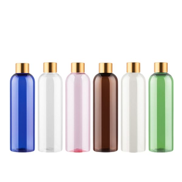 Emballage bouteille en plastique épaule ronde PET couvercle à vis or brillant avec bouchon intérieur vide emballage cosmétique rechargeable récipient portable 250 ml