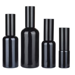 Verpakking glanzende zwarte glazen fles rond schouder Black Cover SPARY Lotion Press Pomp draagbare cosmetische verpakking Refilleerbare container 10 ml 15 ml 20 ml 30 ml 50 ml 100 ml