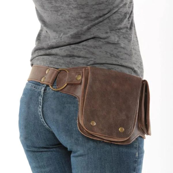 Paquetes de bolsas de muslo de pierna para mujeres Fanny Pack Medieval cuero de cuero Cinturón de cintura de cadera Viajamiento al aire libre multicapa Vintage ajustable