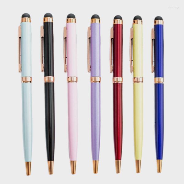 Paquetes de 8 colores Mini Metal 2 en 1 Stylus Bolígrafo universal Grabado de texto Logotipo personalizado Oficina Escuela Publicidad