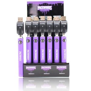 Packwoods Bottom Twist Batterie 900 mAh Préchauffage Tension réglable VV 510 Chariots Batteries à cartouche avec chargeur USB supérieur 30 pièces A Affichage 30 ct