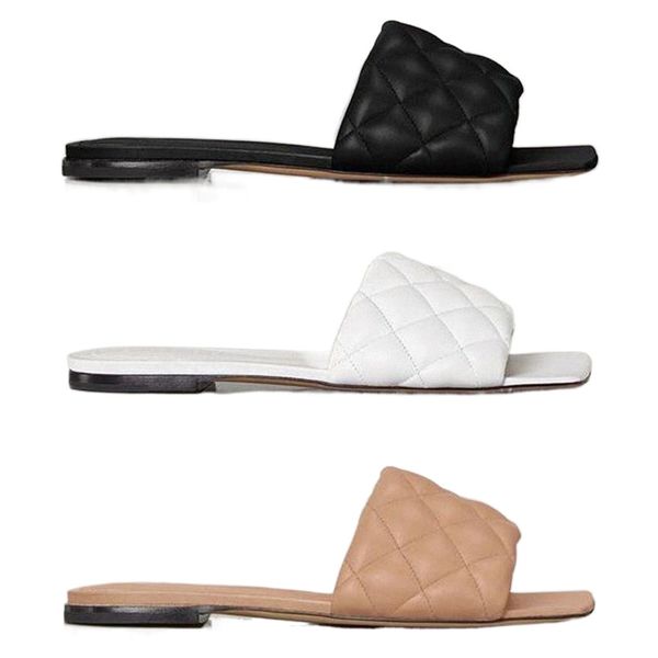 Sandales plates rembourrées Designer Women Black White lido sandal 100% Lambskin slides Flats pantoufles matelassées 9 cm Talons hauts Squared Rub210M b4dk #