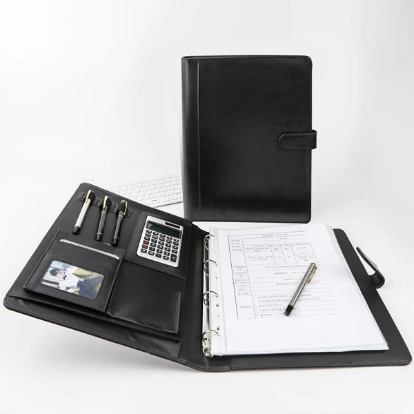 Padfolio multifonction PU Leather Folder pour documents A4 Ring Binder Padfolio Office Business Conference Folder avec calculatrice