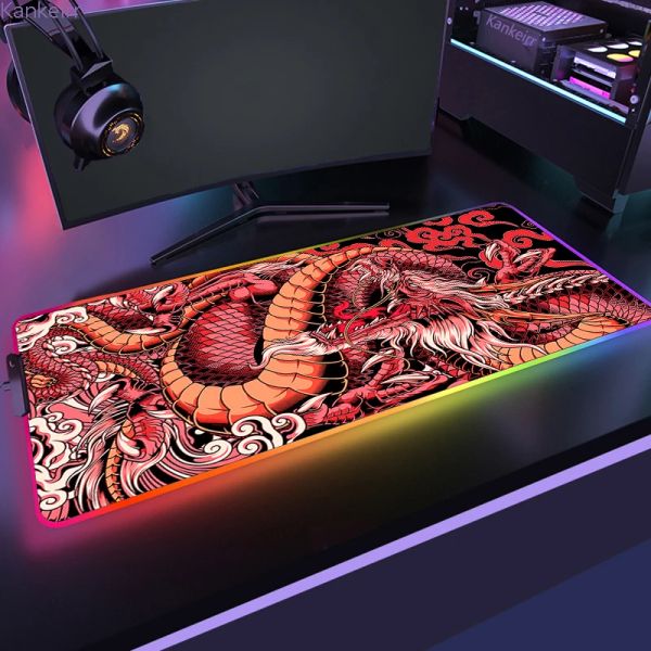 Pads 900x400 RGB chinois Dragon tapis de souris de jeu tapis de bureau Pc LED tapis de clavier Gamer tapis de souris HD tapis de souris lumineux Design tapis de souris