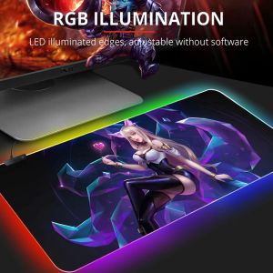 Pads Ahri Slipmat Kda Mat Rgb Tapis de souris Gamer Speed ​​LOL Violet Tapis de souris de jeu Kawaii League of Legend Gamers Tapis rétro-éclairé Lumière LED