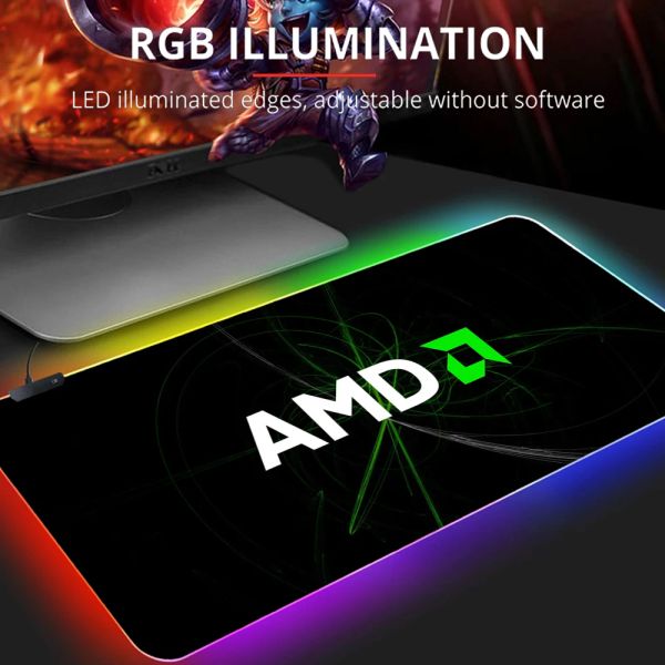 Pads AMD Logo Gaming Mousepad Juego Slipmat RGB LED Configuración Gamer Decoración Cool Glowing Mouse Mat PC Republic of Gamers con alfombra de cable