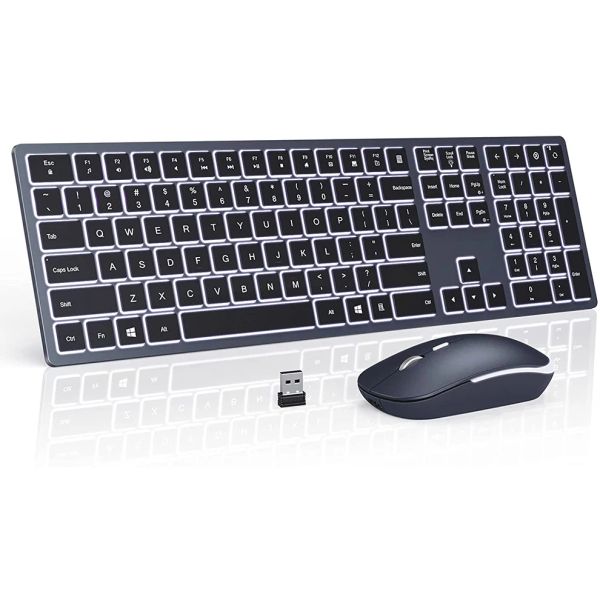 Pads Clavier et souris sans fil rétro-éclairés Combo 2,4 g USB Clavier et souris silencieux rechargeables Ensemble de souris clavier mince pleine taille