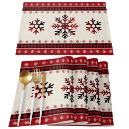 Pads Christmas Red Plaid Phatemats Juego de 4/6 piezas Accesorios de café de cocina Caballeros Comen en casa Decoración Mats de lino