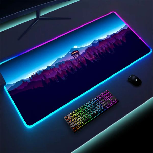 Pads Coloré lumineux LED éclairage tapis de souris Firewatch forêt antidérapant RGB tapis de souris de jeu pour PC Gamer 900x400mm grand tapis de bureau XL