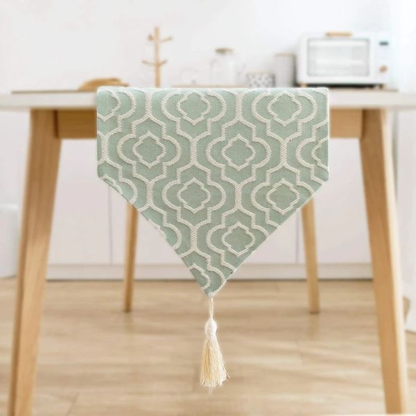 Tapis de Table en lin et coton Turquoise, élégant, Jacquard, avec glands, écharpe de commode, pour la maison, fête, mariage, décoration de Table à manger