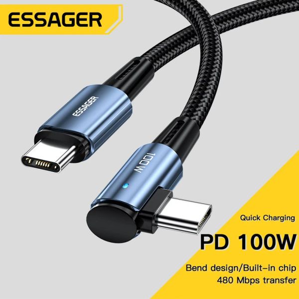 PADS ESSAGER 100W USB TYPE C À USB C Câble 90 degrés Angle pour iPad Book Pro Xiaomi Samsung Huawei Fast Charging Typec Date Wire