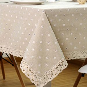 Almohadillas con patrón de flores, mantel de lino y algodón con encaje, cubierta para mesa de comedor, mantel impermeable rectangular ritual