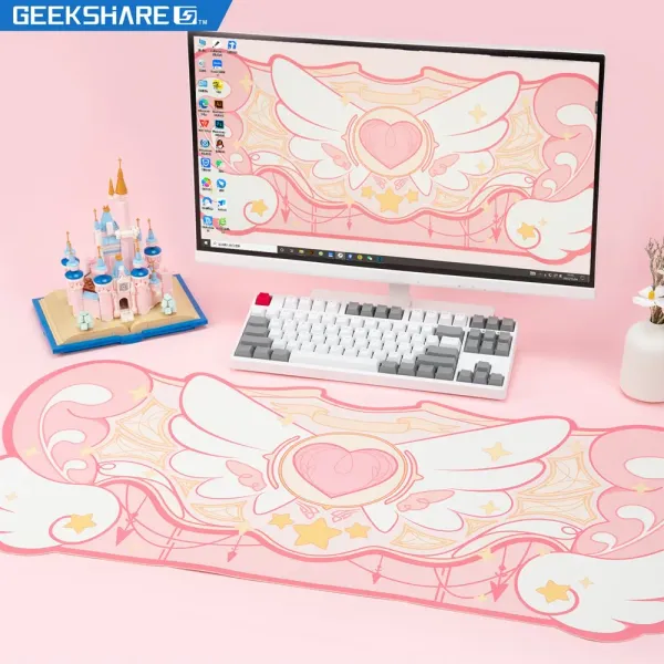 Almohadillas GeekShare, alfombrilla para ratón de juegos de ordenador, tamaño grande 84*37cm, alfombrilla de escritorio con alas de estrella rosa Kawaii, alfombrilla antideslizante para mesa de oficina, alfombrillas impermeables
