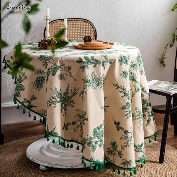 Nappes en coton et lin Gerring, nappe imprimée verte, serviette coréenne, couverture de Table ronde, décoration de Table de mariage