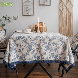 Pads Gerring-Mantel De lino con estampado De rosas azules, cubierta para mesa De jardín, decoración De encaje para el hogar, mesa De boda, paños De cocina rústicos